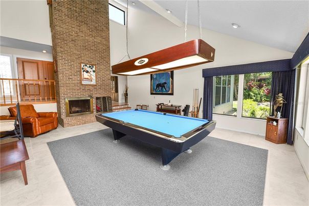 Billiard Table, Fireplace, Game Room, Interior, Pendant Lights, Recessed Lighting, Stone Walls