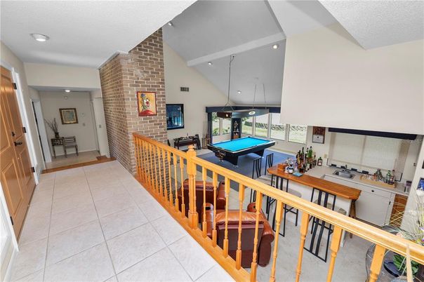 Billiard Table, Fireplace, Game Room, Interior, Kitchen, Pendant Lights, Recessed Lighting, Stone Walls