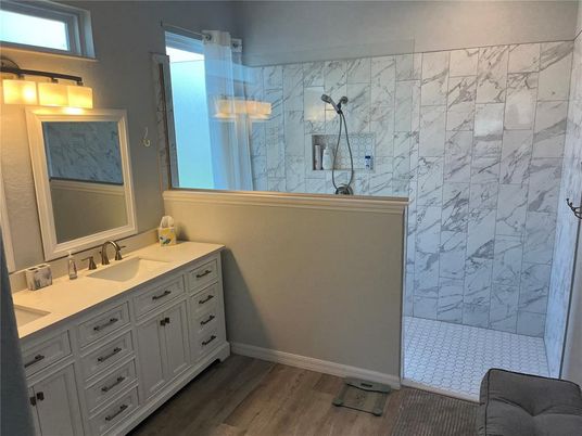 Bathroom, Interior, Marble Walls, Wood Texture Flooring