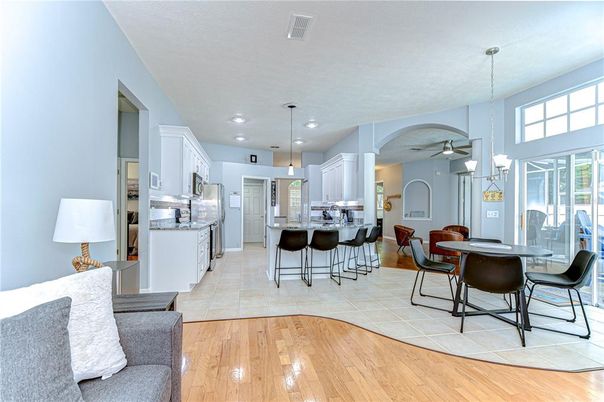 Dining room, Interior, Kitchen, Pendant Lights, Recessed Lighting, Wood Texture Flooring