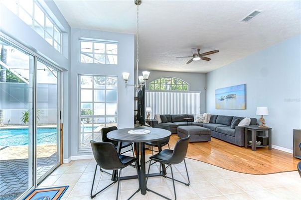 Dining room, Interior, Living room, Pendant Lights, Wood Texture Flooring