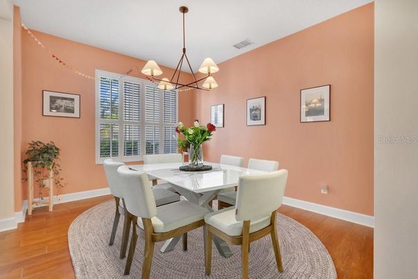 Chandelier, Dining room, Interior, Pendant Lights, Wood Texture Flooring