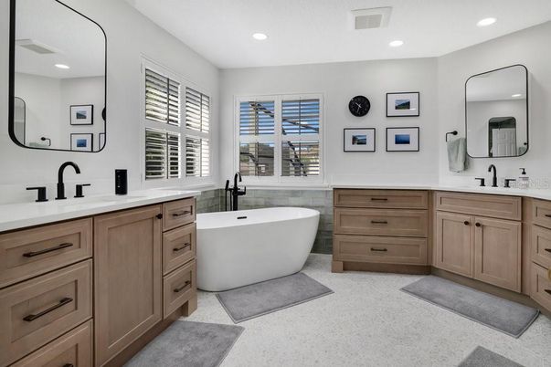 Bathroom, Dual Sink Vanities, Free Standing Baths, Interior, Recessed Lighting