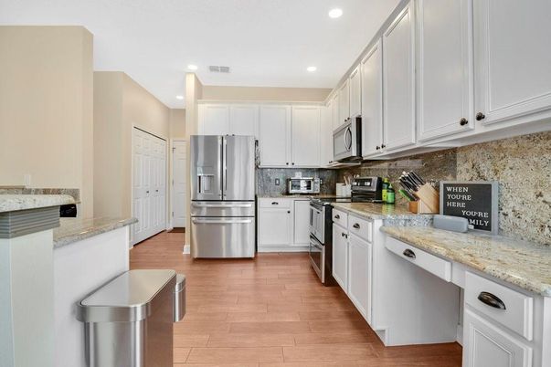 Interior, Kitchen, Recessed Lighting, Stainless Steel Appliances, Wood Texture Flooring