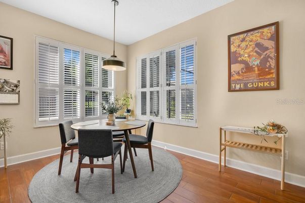 Dining room, Interior, Pendant Lights, Wood Texture Flooring