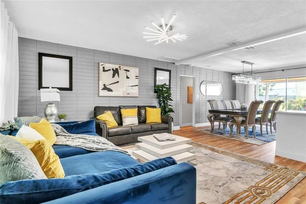Dining room, Interior, Living room, Pendant Lights, Wood Texture Flooring