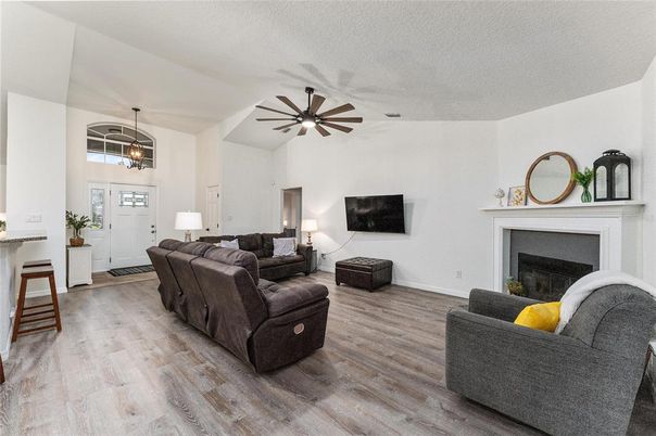 Fireplace, Interior, Living room, Pendant Lights, Wood Texture Flooring