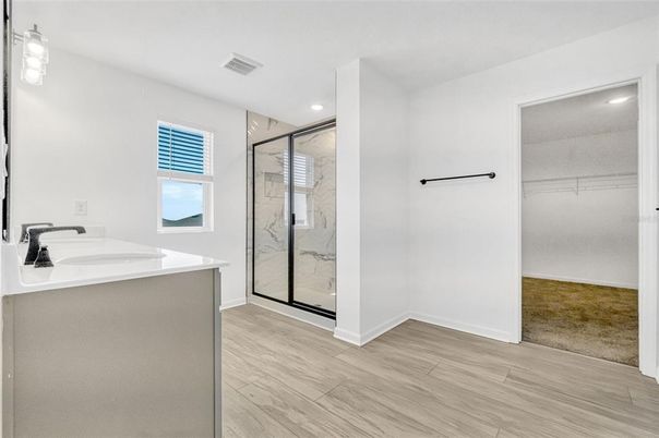 Bathroom, Glass Shower, Interior, Marble Walls, Recessed Lighting, Walk-in Closets, Wood Texture Flooring