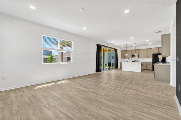 Empty room, Interior, Kitchen, Pendant Lights, Recessed Lighting, Wood Texture Flooring