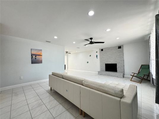 Fireplace, Interior, Living room, Recessed Lighting, Stone Walls