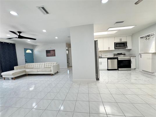 Interior, Kitchen, Marble, Recessed Lighting, Stainless Steel Appliances