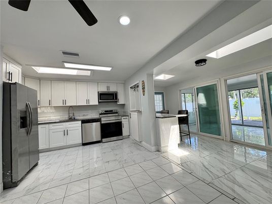 Interior, Kitchen, Marble, Recessed Lighting, Stainless Steel Appliances