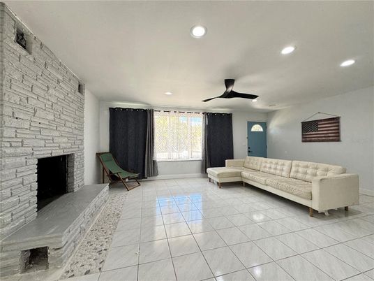 Fireplace, Interior, Recessed Lighting, Stone Walls