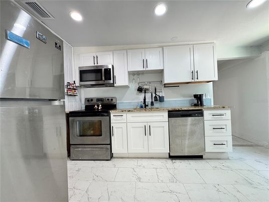 Interior, Kitchen, Marble, Recessed Lighting, Stainless Steel Appliances