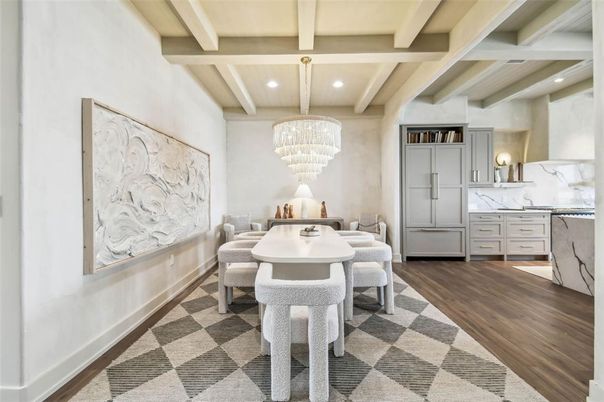 Chandelier, Dining room, Interior, Recessed Lighting, Wood Texture Flooring