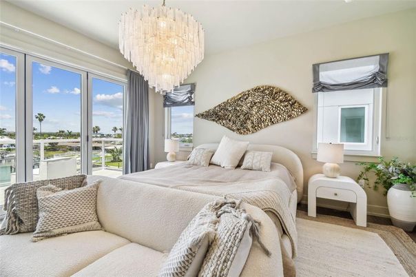 Bedroom, Chandelier, Interior, Water, Wood Texture Flooring