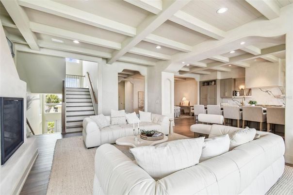 Dining room, Interior, Living room, Recessed Lighting, Wood Texture Flooring