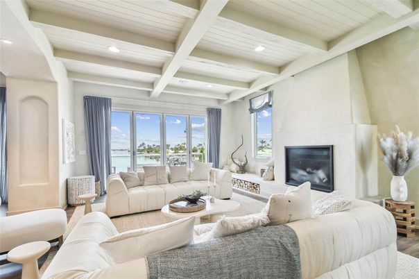 Fireplace, Interior, Living room, Recessed Lighting, Water, Wood Texture Flooring