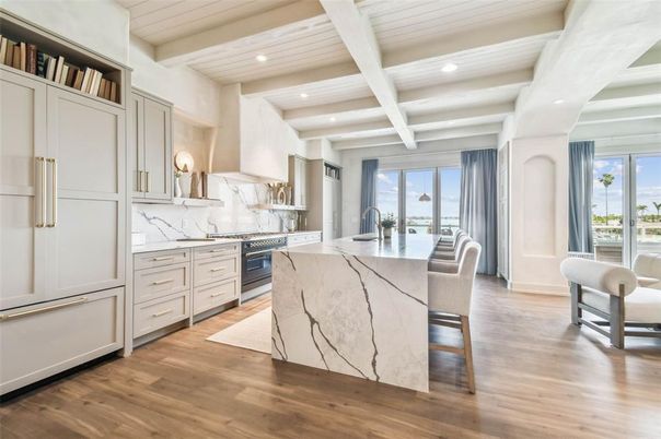 Interior, Kitchen, Marble Walls, Recessed Lighting, Wood Texture Flooring