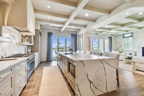 Interior, Kitchen, Living room, Marble Walls, Recessed Lighting, Stainless Steel Appliances, Wood Texture Flooring