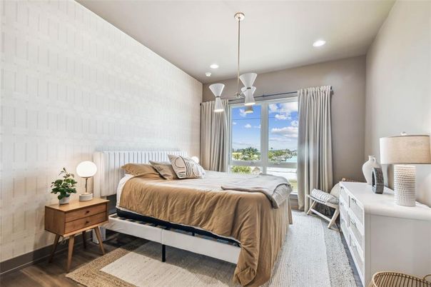 Bedroom, Interior, Pendant Lights, Recessed Lighting, Wood Texture Flooring