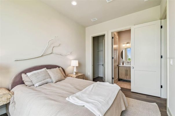 Bedroom, Interior, Recessed Lighting, Wood Texture Flooring