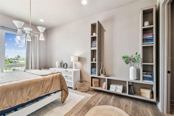 Bedroom, Interior, Pendant Lights, Recessed Lighting, Wood Texture Flooring