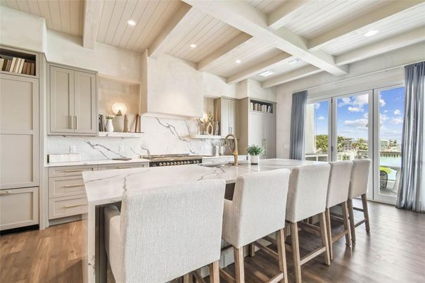 Interior, Kitchen, Marble Walls, Recessed Lighting, Stainless Steel Appliances, Water, Wood Texture Flooring