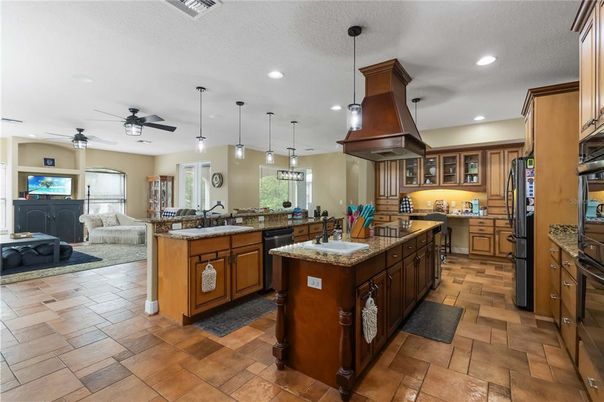 Fireplace, Interior, Kitchen, Living room, Pendant Lights, Recessed Lighting