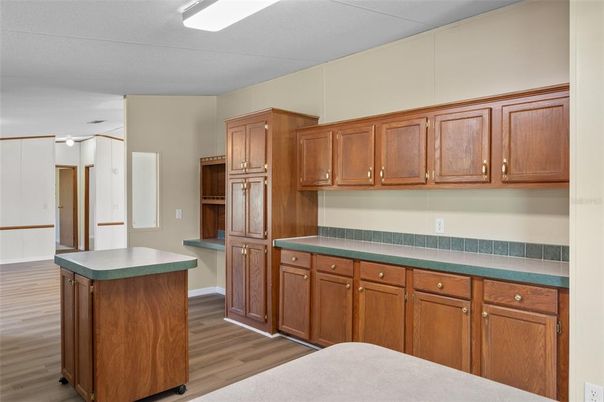 Interior, Kitchen, Tile Countertops, Wood Texture Flooring