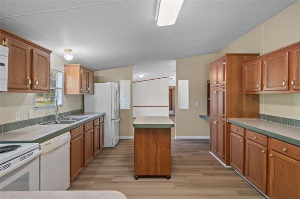 Interior, Kitchen, Tile Countertops, Wood Texture Flooring