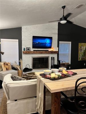 Dining room, Fireplace, Interior, Living room, Stone Walls