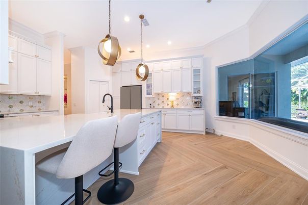 Interior, Kitchen, Pendant Lights, Recessed Lighting, Stainless Steel Appliances, Wood Texture Flooring