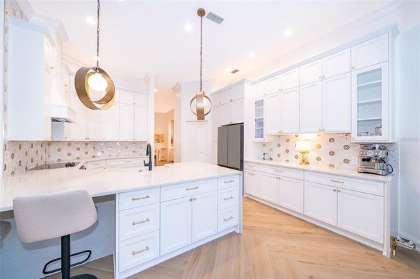 Interior, Kitchen, Pendant Lights, Recessed Lighting, Stainless Steel Appliances, Wood Texture Flooring