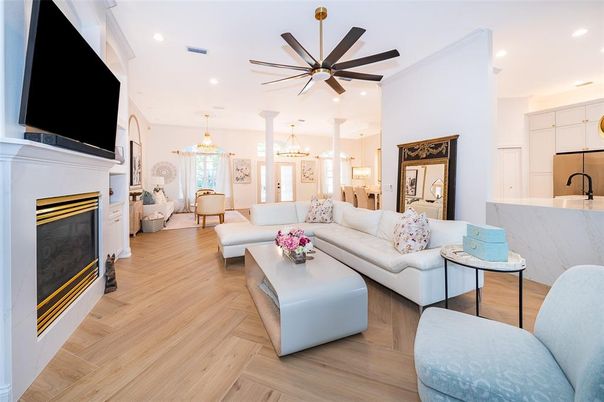 Dining room, Fireplace, Interior, Kitchen, Living room, Pendant Lights, Recessed Lighting, Wood Texture Flooring
