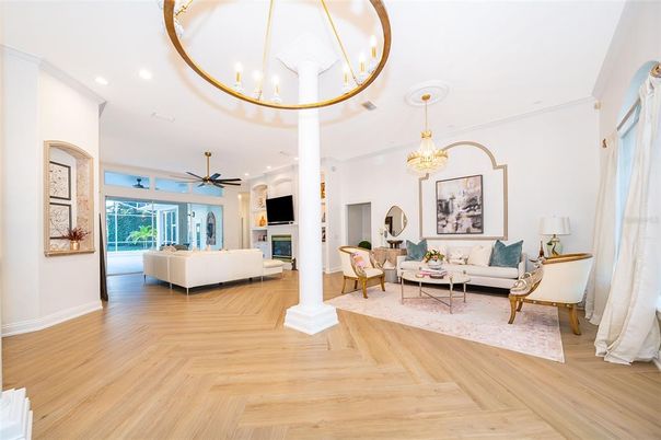 Chandelier, Fireplace, Interior, Living room, Recessed Lighting, Wood Texture Flooring