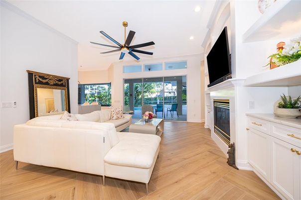 Fireplace, Interior, Living room, Recessed Lighting, Wood Texture Flooring