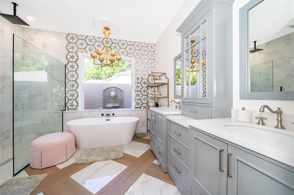 Bathroom, Dual Sink Vanities, Free Standing Baths, Glass Shower, Interior, Marble, Marble Walls, Recessed Lighting