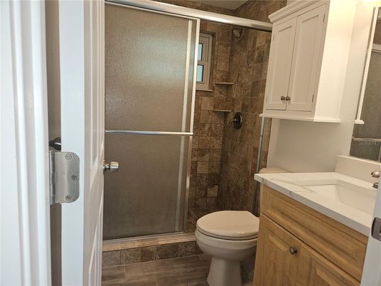 Bathroom, Glass Shower, Interior, Wood Texture Flooring