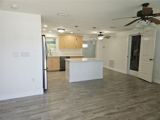 Interior, Kitchen, Recessed Lighting, Wood Texture Flooring