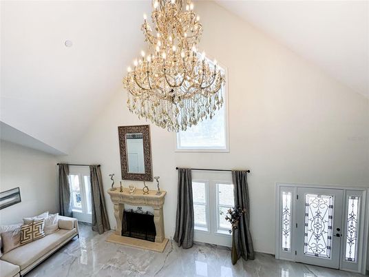 Chandelier, Fireplace, Interior, Marble