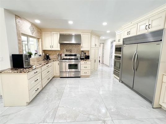 Interior, Kitchen, Marble, Recessed Lighting, Stainless Steel Appliances