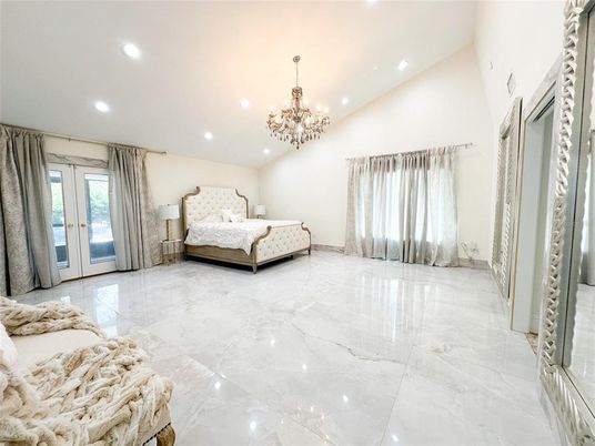 Bedroom, Chandelier, Interior, Marble, Recessed Lighting