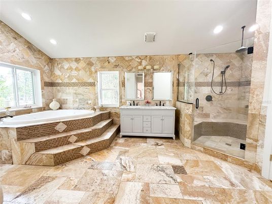Bathroom, Glass Shower, Interior, Recessed Lighting, Stone Walls