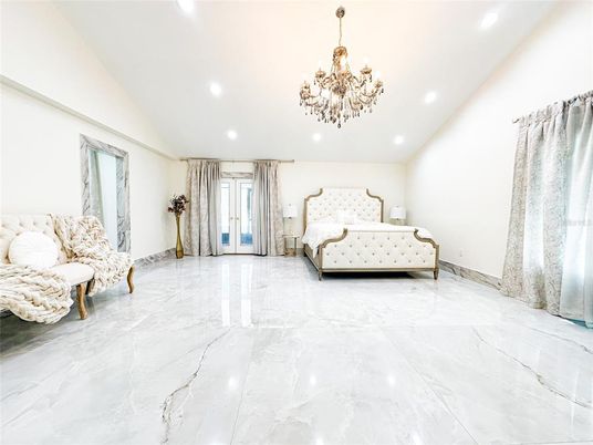 Bedroom, Chandelier, Interior, Marble, Recessed Lighting