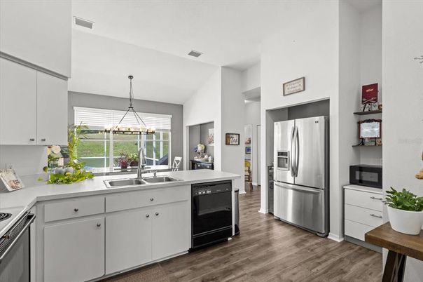 Interior, Kitchen, Pendant Lights, Stainless Steel Appliances, Wood Texture Flooring