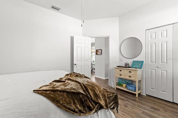 Bedroom, Interior, Pendant Lights, Wood Texture Flooring