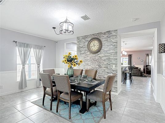 Chandelier, Dining room, Interior, Pendant Lights, Stone Walls