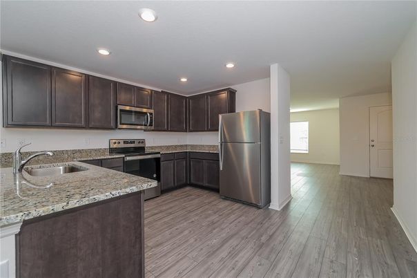 Interior, Kitchen, Recessed Lighting, Stainless Steel Appliances, Wood Texture Flooring