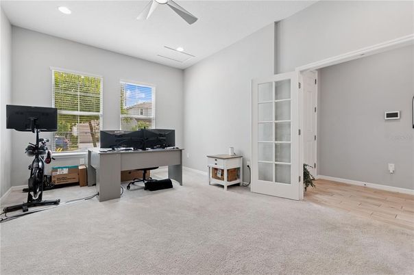 Fitness Equipment, Home Office, Interior, Recessed Lighting, Wood Texture Flooring